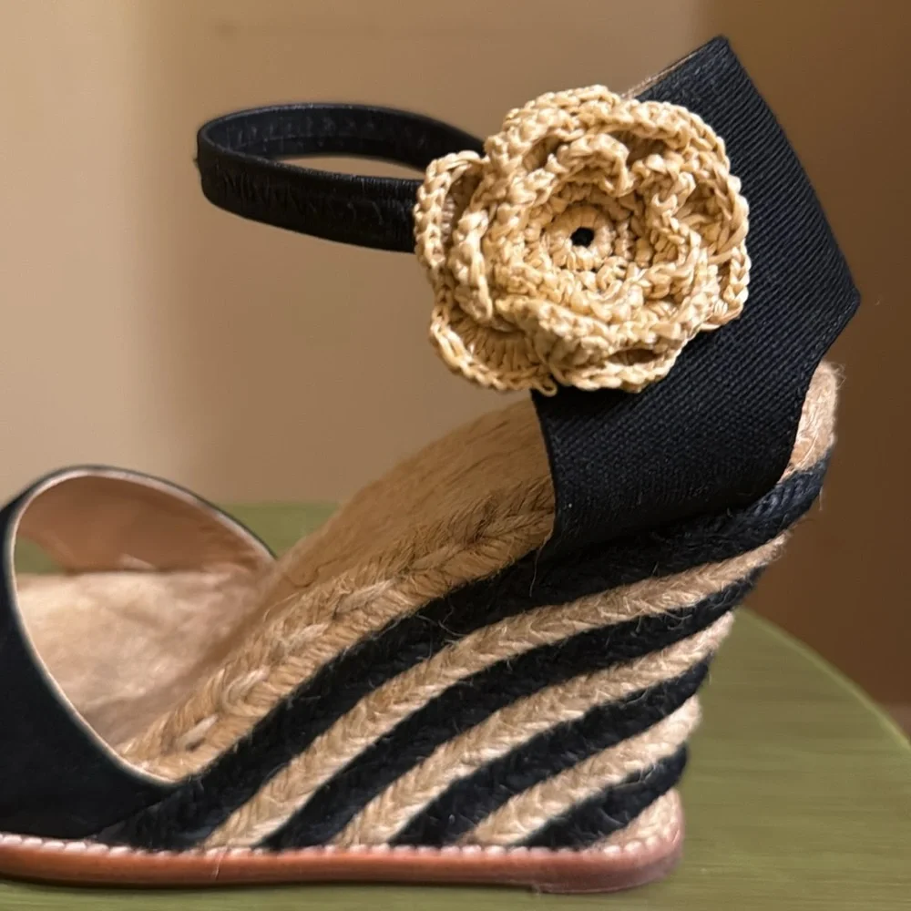 Vintage Kate Spade Grenada Black Canvas Espadrille  Tan Black Wedge Ankle Strap